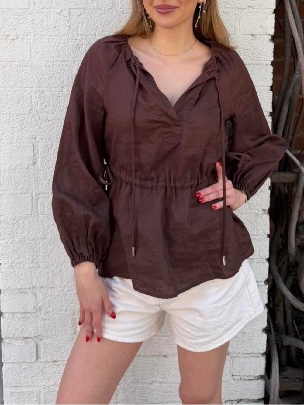 Country Road linen brown blouse w/ side tie detail and balloon sleeves Size 4